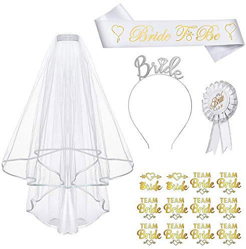 Anyasen Bride to Be Set Deko Accessoire für Den Junggesellenabschied Frauen Party mit Schleier Schärpe Abzeichen Tiara Tattoo Aufkleber Hochzeit für Braut to be Frauen deko Accessoires