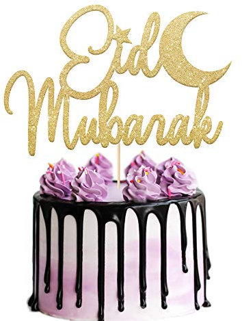 Eid Mubarak Cake Topper | Ramadan Muslim Hajj Mubarak Cake Decoration | Multicolour Glitter Muslim Islam Ramadan Kareem Party Decoration(Champagne Gold)