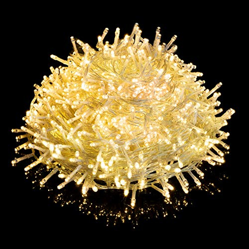 Nataland Catena Luminosa 1000 Led – 55 Metri Da Interno Ed Esterno, Serie Trasparente Con Controller 8 Funzioni, Per Illuminazione Casa, Vetrine e Albero di Natale (Bianco Caldo, 1000 Led - 55 Metri)