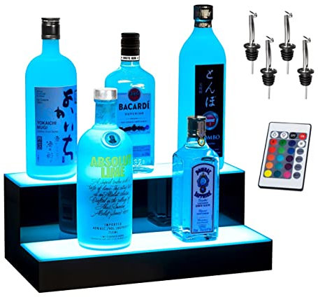 Boss Premium® BarUSA™ LED Lighted Bar Shelf Display Liquor Bottle Alcohol Whiskey Shelves Rack Stand Tray Units for Home Bar Living Room Accessories and Decor - Designed in USA (2-Step, 16 Inch)