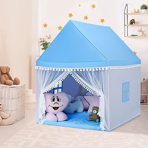 DREAMADE Tente de Jeu pour Enfant avec Tapis Épais,Cabane Garçons Filles Intérieur Extérieur avec Cadre en Bois&Moustiquaire&Fenêtre Maillée&,105x120x140CM (Bleu)