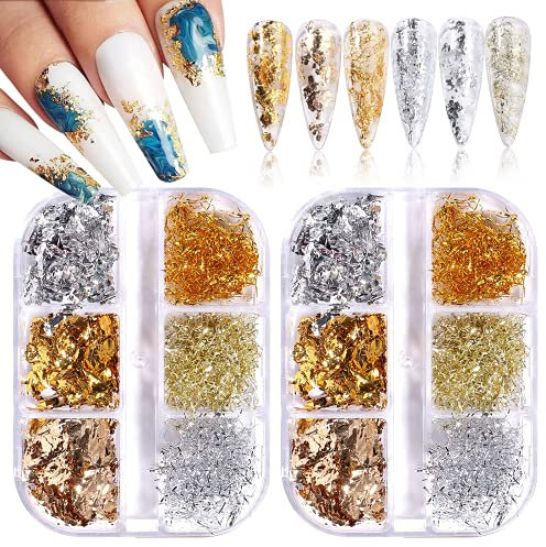 EBANKU Gold Silver Nail Flakes, Metallic Foil Nail Art Chip Glitter Paillette Nail Sequines Glitter Gold Silver for Nail Art Decoration (2) (A)