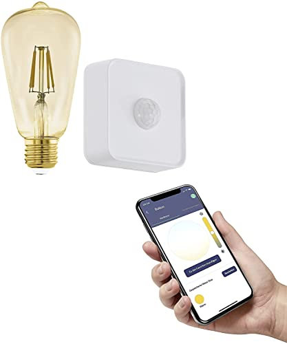 Eglo Connect.z Set of Smart Home E27 LED Light Bulb with Motion Sensor, ST64, ZigBee, Amber Vintage Lightbulb, app Control, dimmable, 500 Lumen, 5.5 watt, Warm White