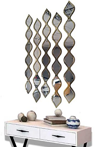 MDM Dizayn Stück natürliche Dekoration Wassertropfen Acryl Wanddeko Spiegel Inneneinrichtung Design Holzspiegel Böhmische Wanddekoration für Zuhause Wohnzimmer Schlafzimmer Dekor (Gold), 92x60