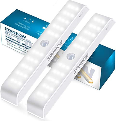 STANBOW LED Schrankbeleuchtung mit Bewegungsmelder, LED Sensor Licht 30 LED, Kleiderschrank Lampen Unterbauleuchte, USB Wiederaufladbar, Magnetstreifen Tageslichtweiß 2 Stück [Energieklasse A+]