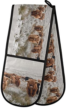 Reddish Brown Scottish Highland Crowd White Winter Landscape Double Oven Mitt Gloves Extra Long Potholder High Heat Resistant for Baking Cooking Baking Grilling Handling Hots Pans 35x7