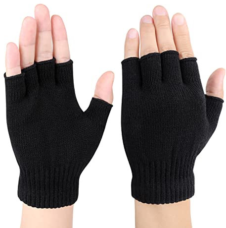 Black Fingerless Knitted Gloves for Men, Women & Kids - Thermal Winter Half Finger Gloves, One Size