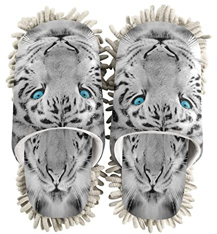 xigua Tigre blanco con hermosos ojos azules Mop ZapatillasHerramienta de limpieza Zapatillas antideslizantes Mopping Zapatos de microfibra Piso Casa Slips—M
