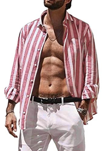 shownicer Camicie da Uomo a Righe Casual a Maniche Lunghe con Bottoni Regular Fit Traspirante Leggera Scollo a V Estate Slim Fit Vacanze Shirt E Rosa L