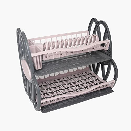 2 Tier Double Dish Drainer Rack Large Plate Cutlery Cup Holder Plastic Trays (Grey and Pink)