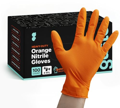 Comfy Package Large Orange Nitrile Heavy-Duty Gloves, Diamond Texture, Waterproof & Latex Free