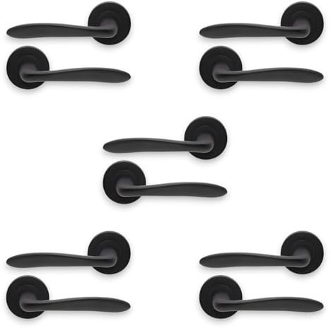 Infinity Decor Pair of 5 Matt Black Lever Door Handle on Round Rose Set Interior Pull Handles – for Interior & Exterior Doors