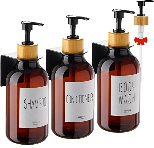VITVITI Seifenspender Wandbefestigung ohne Bohren, 3 Stück Shampoo Spender, 500 ml Duschgel Spender aus Kunststoff, Shampoo Spenderflasche mit Pumpe für Küche Badezimmer Dusche (Braun)