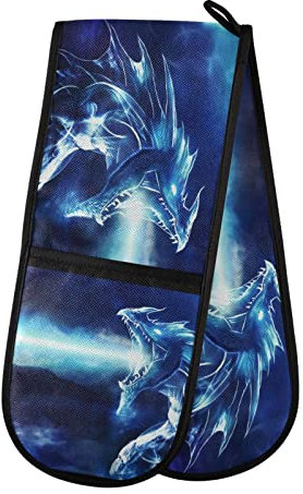 Double Oven Glove Fantasy Dragon Heat Resistant Double Ovens Mitt Modern Cooking Gloves Potholders