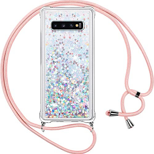 Vauki Handykette für Samsung Galaxy S10+ Hülle mit Band,Silikon Durchsichtig Transparent Flüssig Glitzer mit Kette Kordel Treibsand Necklace TPU Schutzhülle Case für Samsung S10 Plus, Silber