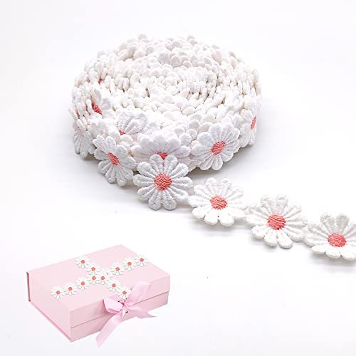 XCSJ 5 Yard 25mm Blumen Spitzenband Spitzenborte Stickerei Dekoband Zierband Borten Bänder Blumenband Gänseblümchen Dekoband Spitzen Spitzenborte Für Hochzeit Deko Handwerk Nähen Deko (Hell-Pink 2)
