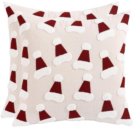 Tosleo 2er Set Weihnachten Kissenbezug Roter Tuffhut 45x45cm Kissenbezüge aus Baumwolle Leinen Kissenhülle Dekokissen für Sofa Wohnzimmer Schlafzimmer Couch Heimdekoration
