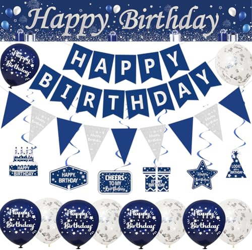 Happy Birthday Decorations for Men-Blue Silver Birthday Banners Balloons Bunting for Him,Birthday Party Decor ,Birthday Banner Bunting Swirls Triangle Flags Confetti Latex Balloons