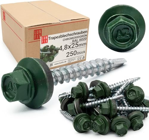 LUN FIX Vis Autoforeuse Metal 4,8x25 mm, EPDM, RAL 6020, 250 Pcs, Vert | Vis Autoperceuse, Autoperforante, Acier Galvanisé Pour Bac Acier Toiture Et Tôle, Tête Hexagonale Avec Rondelle Scellée