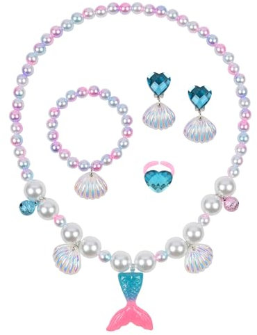 OSDUE Meerjungfrau Schmuckset Mädchen, Meerjungfrau Kinderschmuck Enthalten Halskette, Ringe, Armbänder, Ohrring, Kinderschmuck Set für Party Geschenk (5 Stück)