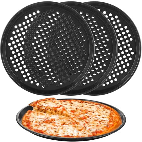 Oungy 4 PCS 12 Inch Carbon Steel Non-Stick Pizza Oven Trays, Round Perforated Dough Tray Pans for Baking, Roasting, Making Pizza