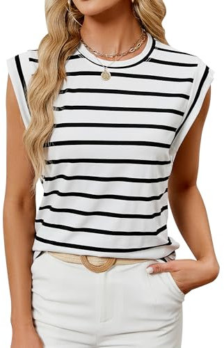 Sommer Top Damen Ärmellose Tshirt Locker Rundhals Flügelärmel Oberteile Elegant Gestreift Tunika Bluse Tops für Frauen, A Gestreift Weiß, L