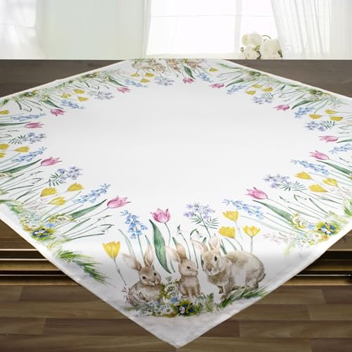 KAMACA Tischdecke Frühling Ostern Blumen Hasen Dekor Osterhasen Ostereier Bunt Waschbar Küche Esstisch Tisch Dekoration (85x85 Hasen - Familie)
