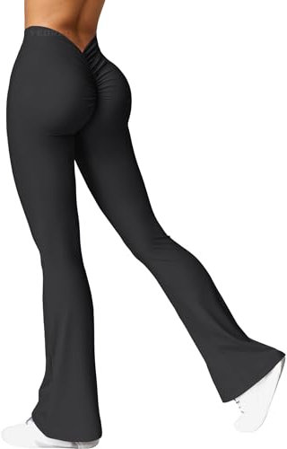 YEOREO Damen Flared Leggings V Back Taille Scrunch Workout Leggings High Waisted Butt Lifting Nahtlose Gym Yoga Schlaghose Leggings Schwarz M