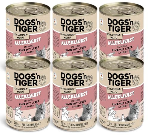 Dogs’n Tiger Adult Katzenfutter, Allerliebst, Katzennassfutter mit Rind, Leber und Kürbis - ohne Getreide, Zuckerzusatz, künstliche Konservierungsstoffe, optimale Verträglichkeit, 6X 400g