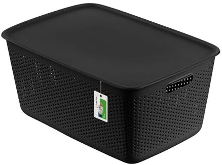 Aufbewahrungsbox 45l mit deckel - 58,5 x 40 x 27 cm - Aufbewahrungskorb Behälter aus Kunststoff BPA Free Körbe zur Aufbewahrung Aufbewahrungsbox Luftzirkulationssystem Stapelbox Kiste, Schwarz