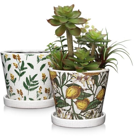 Oairse Set of 2 Ceramic Planter 14CM Ceramic Plant Pots Indoor with Drainage Holes and Saucers Tray Decorative Flower Pots Garden Pot for Succulent Cactus House Plants - Green, Yellow