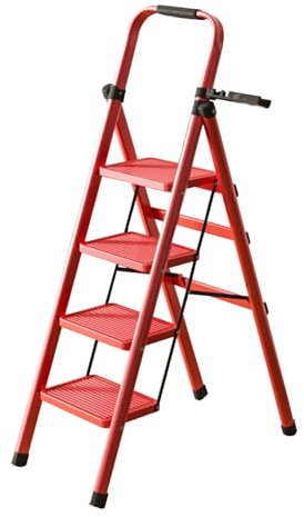 K IKIDO Escabeau pliable avec main courante, 4 marches - Antidérapant, facile à ranger - Marches larges - Convient pour la cuisine, la maison et la maison - Charge maximale : 150 kg (4 marches)