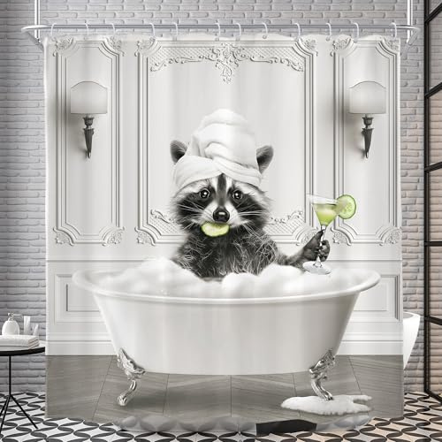 AMBZEK Lustiger Waschbär-Duschvorhang, 183 x 183 cm (B x L), schwarz-weißes Tier, das in der Badewanne badet, lustig, niedlich, Vintage, modernes Kunstwerk, Stoff, wasserdicht, Polyester,