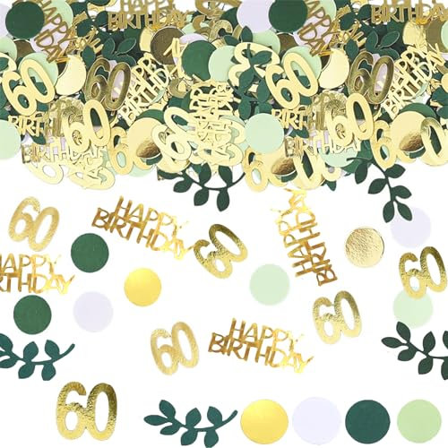 SHUBEIEUMI 100 Stück Konfetti 60 Geburtstag Deko, Metallisch mit gemischten Formen in Gold, Grün, Weiß und Hellgrün, Partydekoration für Geburtstage, Jubiläen und Partys