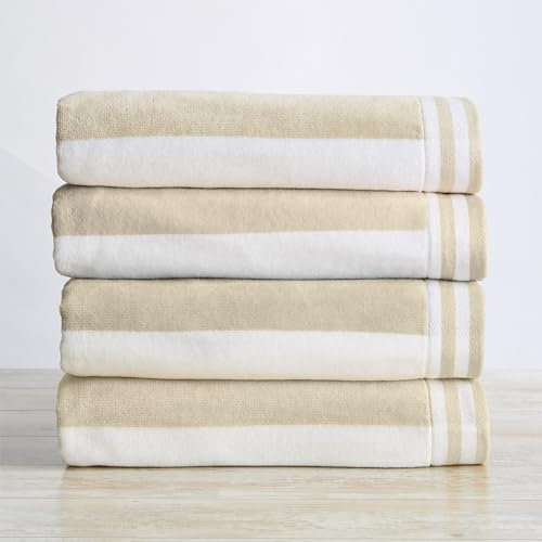 Great Bay Home Strandtücher aus 100 % Baumwoll-Velours, übergroß, 88,9 x 177,8 cm, 4 Stück, Taupe, Cabana-Streifen, Pool-Handtücher, schnell trocknend, große Badetücher