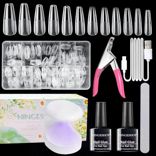 NINGESHOP Kit Pose Americaine Ongles, Kit Semipermanente Unghie, 600 Pcs De Longs Ongles à Presser Transparents, Mini Lampe UV, Colle à Ongles Pour L'extension D'ongles En Acrylique