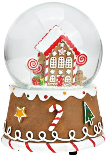 Schneekugel Spieluhr Lebkuchenhaus Dekofigur - Weihnachtliche Schneekugel mit Musik zum Hinstellen als Weihnachtsdeko & Winterdeko 10 x 15 cm - Süße Weihnachtskugel mit Lebkuchenhaus als Tischdeko