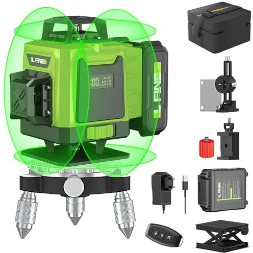 Nivel Laser Autonivelante 4 x 360, 16 líneas Nivel Laser autonivelante 360 grados, 2 x 360 Horizontal y 2 x 360 Verticales, laser autonivelante con 2 x 2600mAh Baterías, control remoto (Sin trípode .)