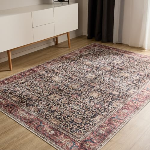 benuta Basic Waschbarer Teppich George - Multicolor/Rot 200x300 cm - Kunstfaser - Rechteckig & im Style: Vintage, Elegant, Retro - Pflegeleicht für Wohnzimmer Schlafzimmer