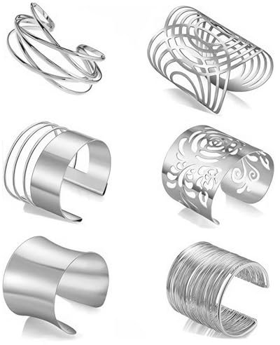 FDEETY Pulsera Mujer 6 Pcs Aleación Abierta Pulseras Accesorios el Brazo Joyería Ajustable Conjunto de Brazalete Remolino ideales para Fiestas Festivales y Estilos Punk（Plata）
