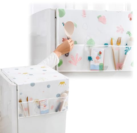 Cubierta Lavadora con Bolsillos, 2 Piezas Cubierta de Polvo Superior del Refrigerador, Multiusos de Guardapolvo con Bolsa de Almacenamiento, Cubierta Antipolvo para Lavadoras Frigoríficos, 55 x 130 cm