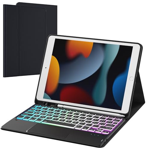 Custodia con tastiera per iPad 9 generazione 2021 10.2: tastiera retroilluminata a 3 zone e 7 colori con trackpad - tastiera con Layout QWERTY italiano per iPad 9a/8a/7a gen/iPad Air 3/iPad Pro 10.5