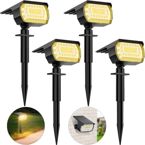 WELALO Luces Solares LED Exterior Jardin, 57 LED Focos Exterior Solares Blanco Calido 3000K 3 Modos Impermeable IP65 Lampara para Caminos Patio Césped【4 Piezas】