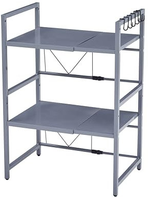 Homullel Expandable Microwave Oven Shelf Unit, Kitchen Countertop Microwave Stand with Shelves, Adjustable Kitchen Counter Rack Small Storage Shelving Unit, Desktop Printer Stand (Grey, 2-Tier)