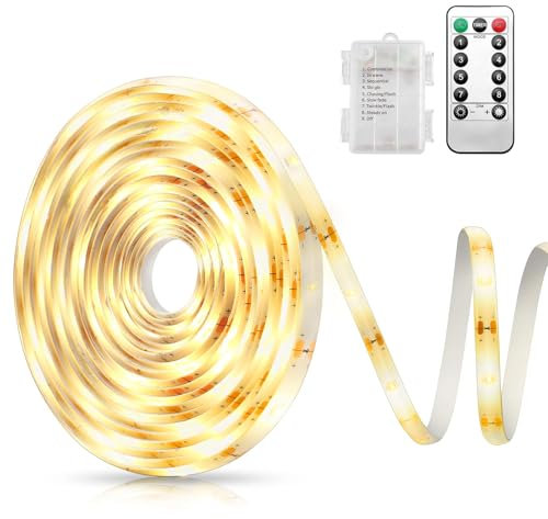 OQIMAX Bande LED Ruban LED 3M 90 LED, LED Chambre Lumineuse à LED avec Télécommande, 8 Modes, Étanche, Alimentée par Batterie, Auto-adhésive pour Cuisine, Salon, Bureau, Rétro-éclairage TV