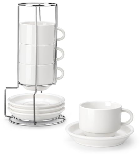 MALACASA Série REGULAR, Lot de 4 Tasses à Café pour 4 Personnes, 270 ml, Service à Café Empilable avec Soucoupe et Support en Métal,Idéal pour Expresso, Cappuccino, Latte, Moka et Thé, Blanc