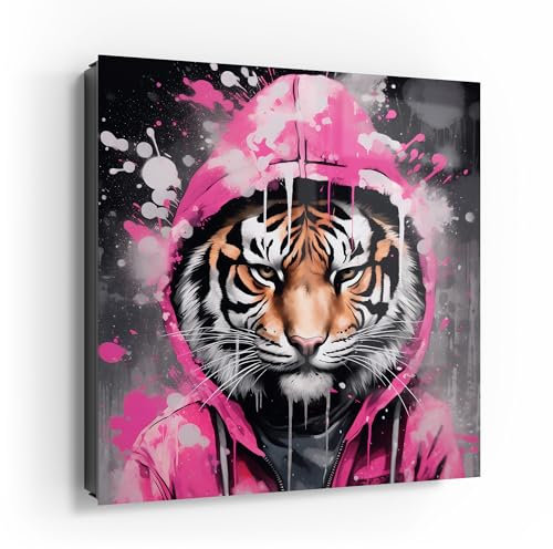 DEQOART Schlüsselkasten schwarz | 30x30 cm | Motiv Tiger in Pink | Glas & Metall Schlüssel-Box | Schlüsselschrank mit 50 Haken + 2 Magnete | Moderne Box magnetisch & beschreibbar