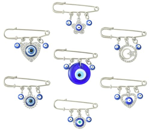 Stiesy Lot de 7 broches bleues contre le mauvais œil avec strass argentés et strass pour écharpe, pull, châle, décorations pour femme, robe, sacs, chapeau, bal de fin d'année