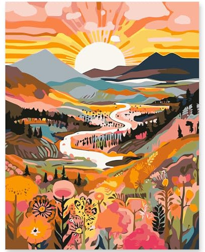 Kit de peinture par chiffres pour adultes débutants et enfants, 1 paquet 16 x 20 pouces Canva pour kits de peinture dans une boîte colorée (sans cadre) - montagnes et rivières du lever du soleil