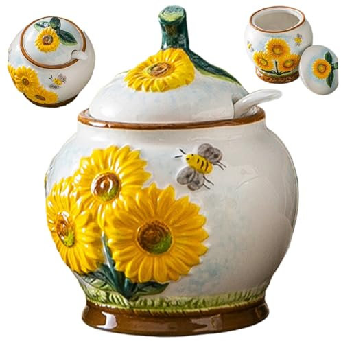 XVHOAB Sugar Container, Embossed Sunflower and Bee Sugar Bowl with Lid and Spoon, 4x4.7 Ceramic Bowl for Kitchen Countertop, Coffee BarSugar